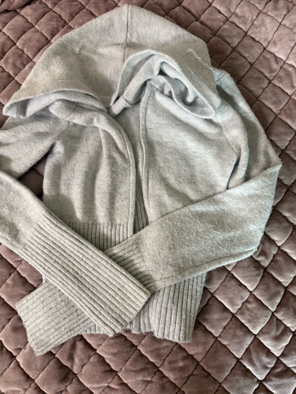 Gilly Hicks Light Gray Hooded Rib-Knit Cardigan